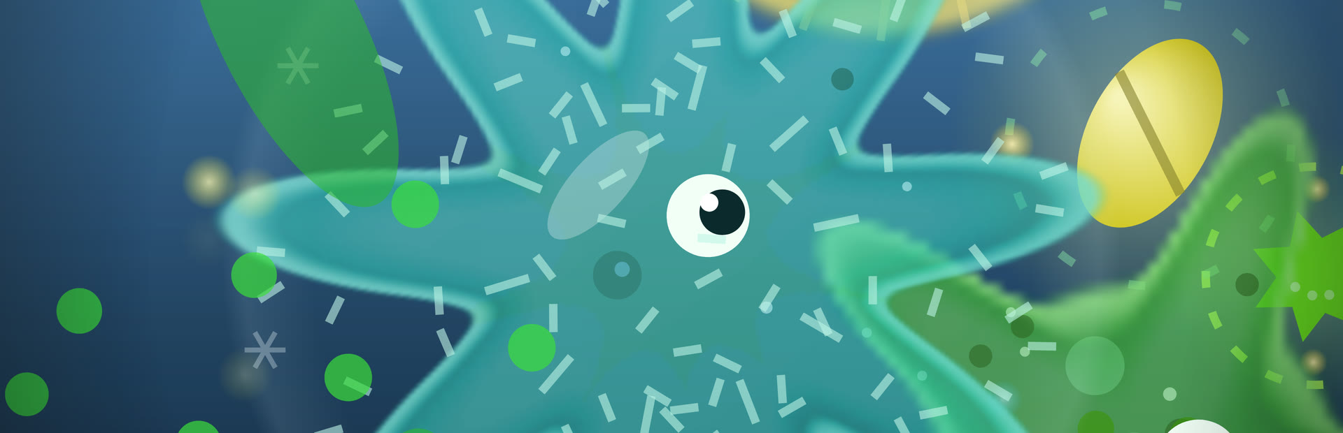 A glowing soft-bodied cell swimming through a drop of water in GLOB