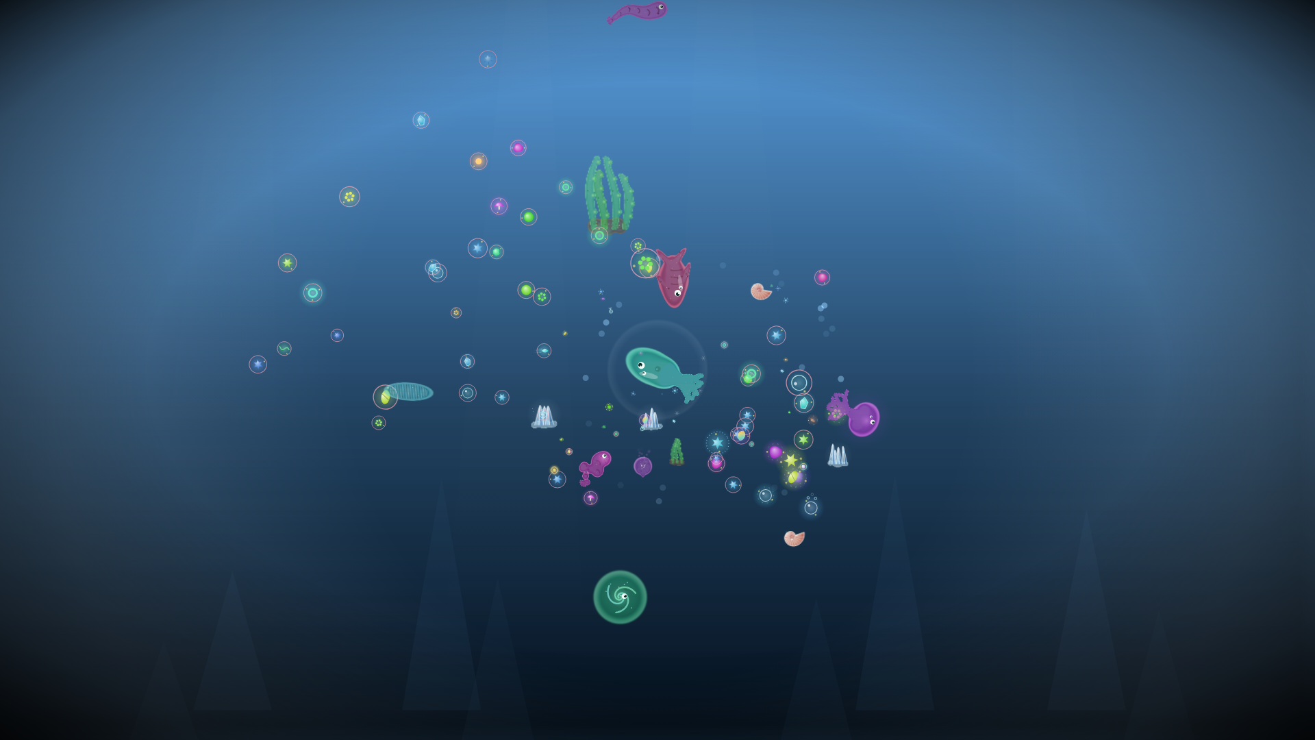 GLOB gameplay: a cell crossing an open field of water