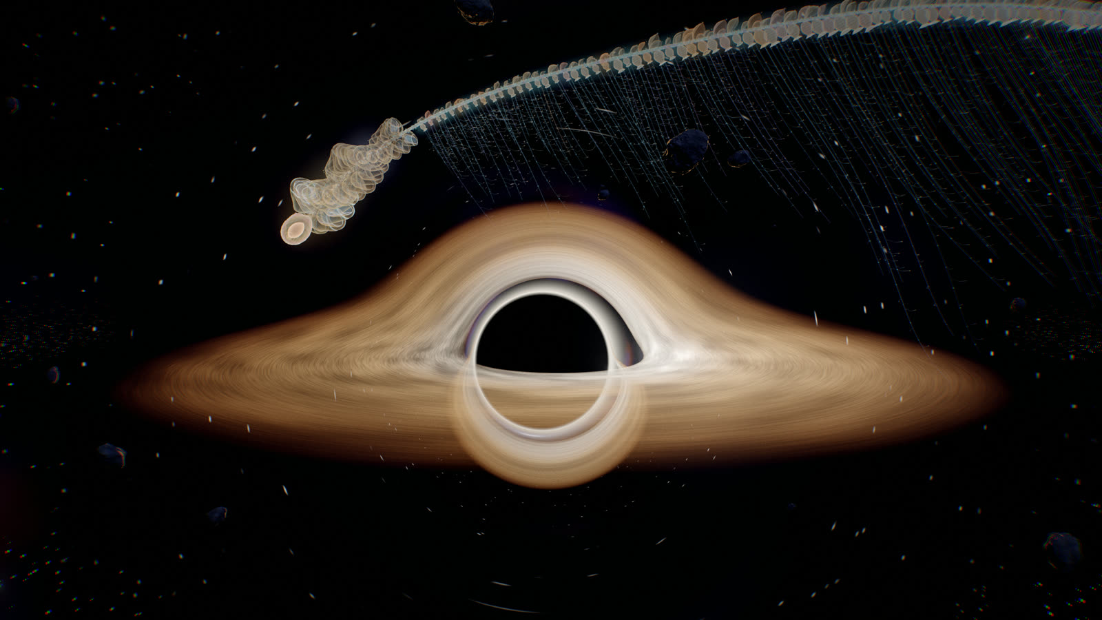 The Veilstring, a vast glowing creature drifting beside a space battlefield
