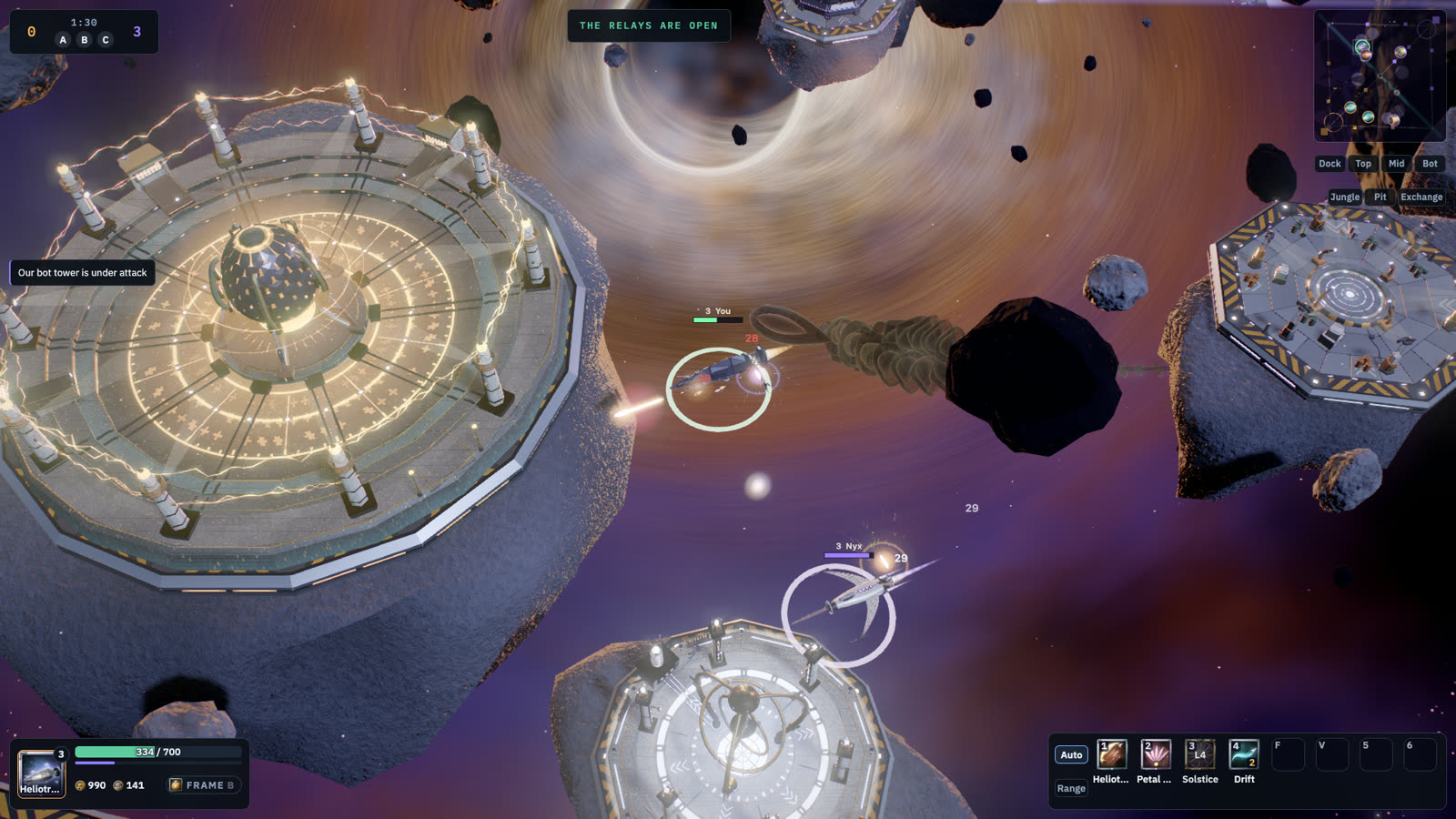 Veilstring: ships fight near a tower in Event Horizon, a black hole's disk behind them